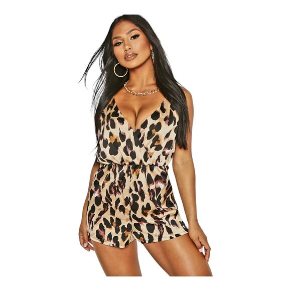 Boohoo Women's Plus Size Satin Leopard Print Cami Playsuit Sleeveless Size 16 US - Picture 1 of 11